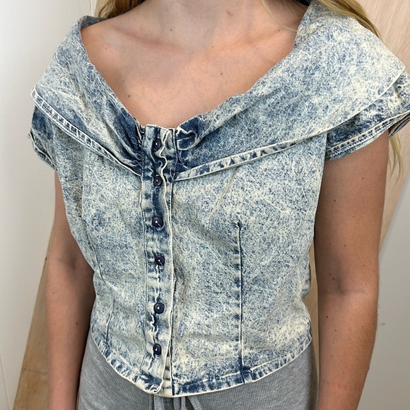 Vintage 80s Acid Wash Denim Off Shoulder Crop Top M - Picture 1 of 8